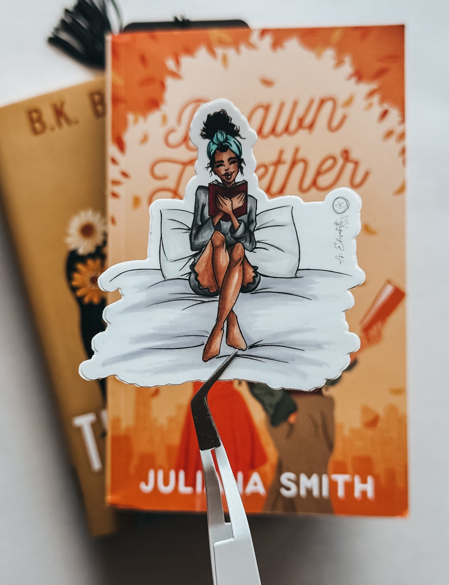 "Books in Bed" die cut sticker